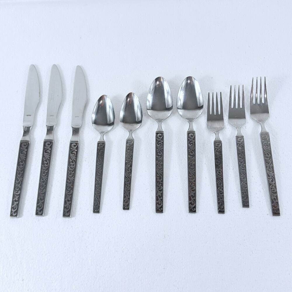 VTG Riviera Rose Stainless Flatware Japan LOT 9 Pc Black Textured Floral MCM